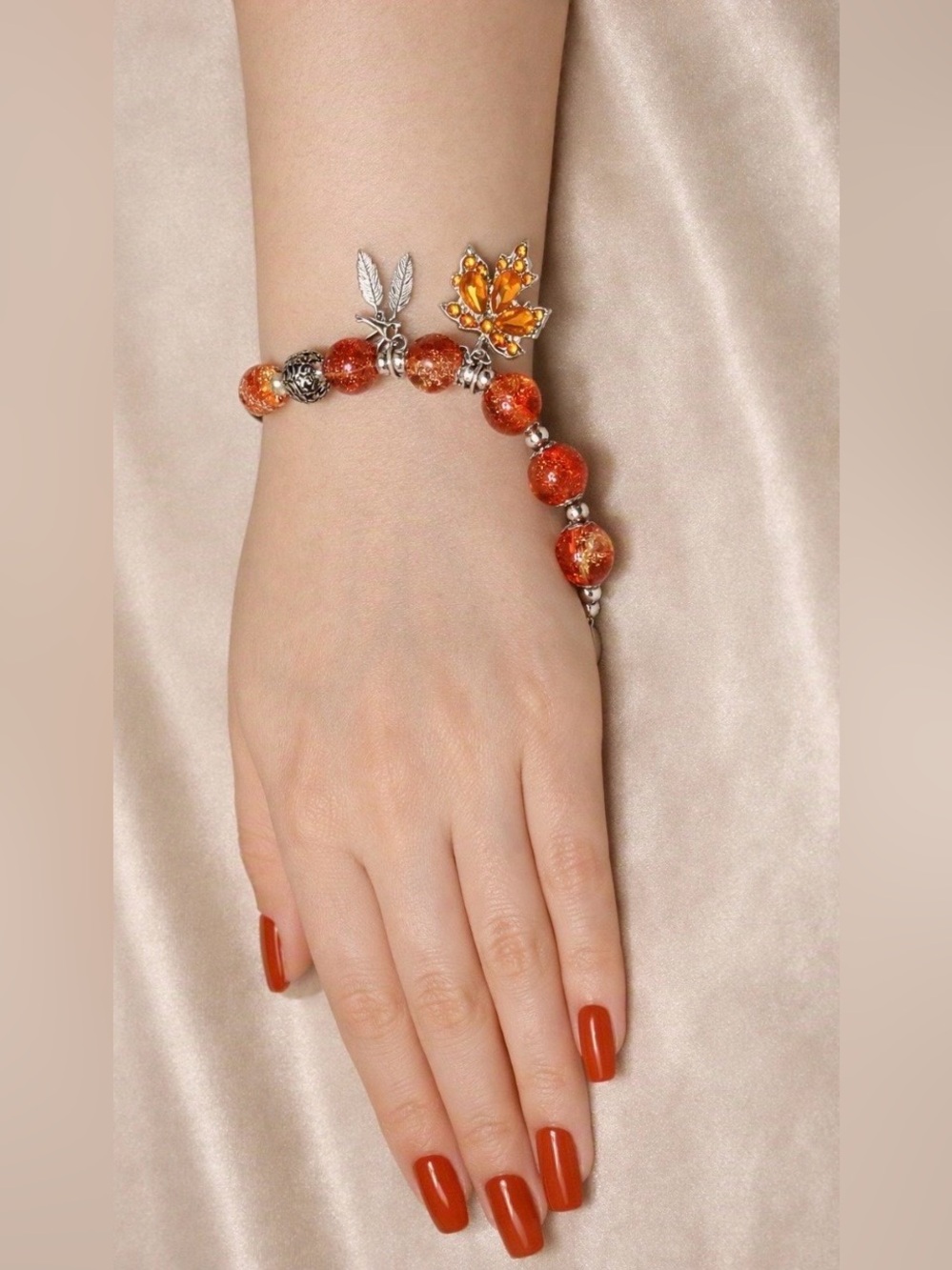 Autumn Maple Leaf Charm Bracelet – Amber Crackle Beads